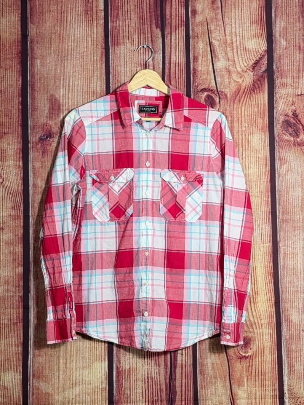 Womens Express Red Plaid Button Up Shirt M